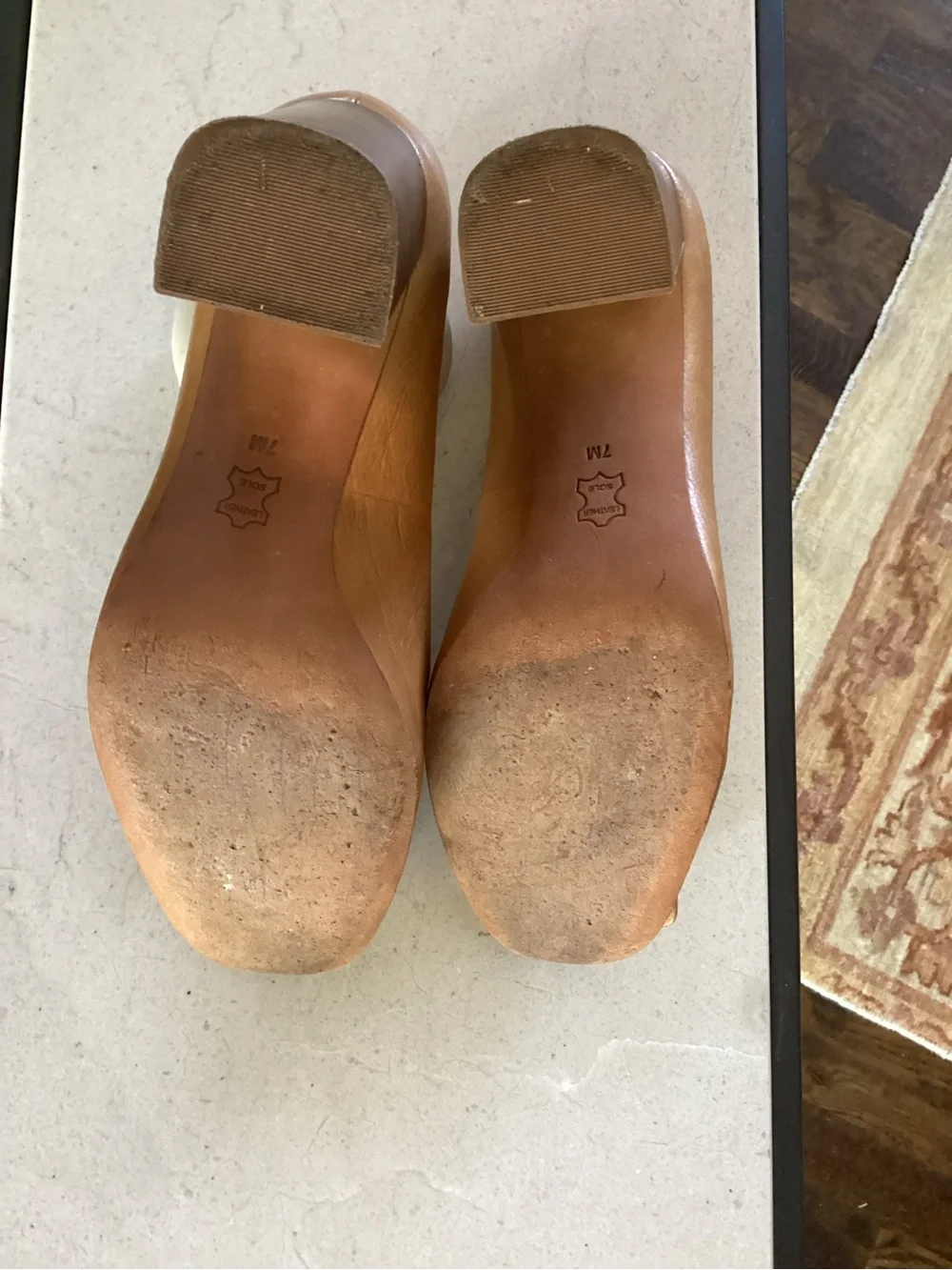 Tory Burch Tan Leather Block Heel Pumps with Gold Logo